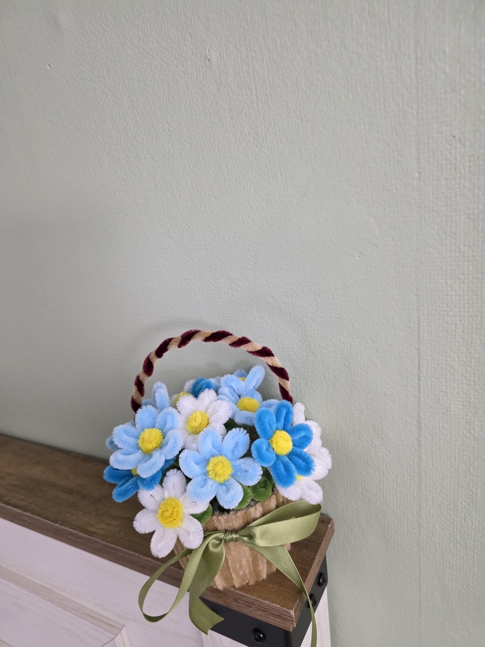 Handmade Blue and White Felt Flower Basket with Green Bow